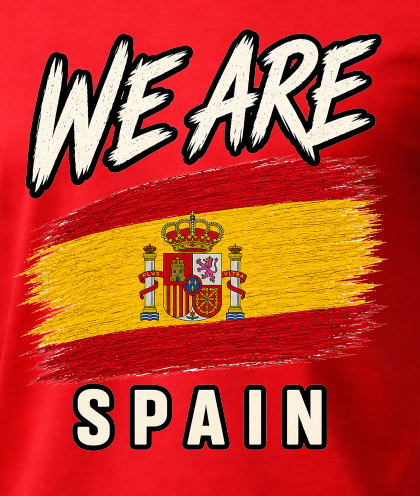 A close-up of a red graphic print featuring the words 'WE ARE' at the top and 'SPAIN' at the bottom, with a distressed Spanish flag design in the center and the Spanish coat of arms.
