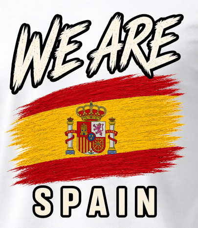 A graphic print featuring the text 'WE ARE' above a distressed Spanish flag with the coat of arms, and 'SPAIN' below on a white background.