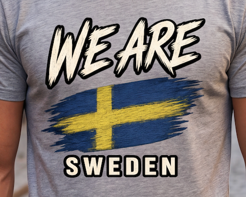 A close-up of a heather gray t-shirt featuring a graphic print with the text 'WE ARE' and 'SWEDEN' in white with black outlines, surrounding a blue and yellow Swedish flag design.