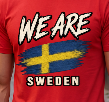 A close-up of a red t-shirt worn by a person, featuring a graphic print with the text 'WE ARE' and 'SWEDEN' in white with black outlines, and a blue and yellow Swedish flag design in the center.