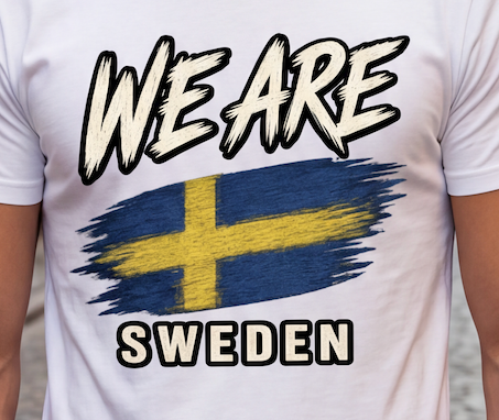 A close-up of a white t-shirt featuring a graphic print with the text 'WE ARE' above a blue and yellow Swedish flag design, and 'SWEDEN' below in bold letters.
