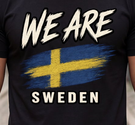 A close-up of a black t-shirt featuring a distressed white graphic that reads 'WE ARE' above a blue and yellow Swedish flag design, with 'SWEDEN' printed below in white.