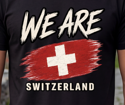 A close-up of a black t-shirt featuring a distressed graphic print that reads 'WE ARE' above a red and white Swiss flag design, with 'SWITZERLAND' printed below in white.