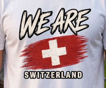 A close-up of a white t-shirt featuring a distressed graphic print with the text 'WE ARE' above a red Swiss flag design and 'SWITZERLAND' below.