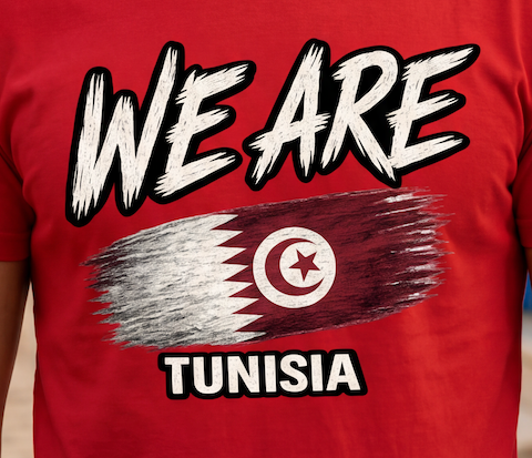 A close-up of a red t-shirt featuring a graphic print with the text 'WE ARE' and 'TUNISIA' in white with black outlines, and a stylized flag design resembling the Tunisian flag.