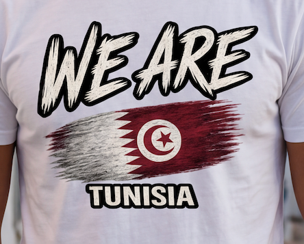 A close-up of a white t-shirt featuring a graphic print with the text 'WE ARE' and 'TUNISIA' surrounding a distressed, brush-stroke style flag of Tunisia.