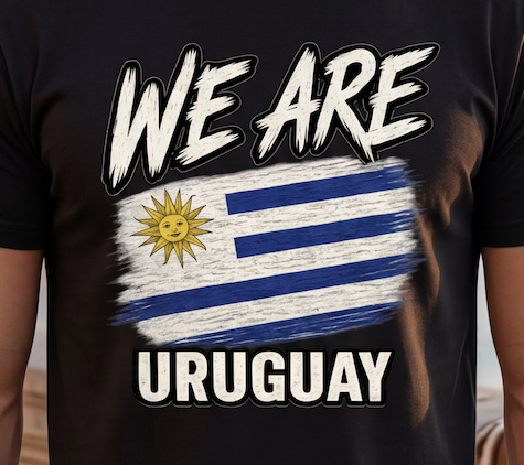 A close-up of a black t-shirt featuring a graphic print of the Uruguayan flag with the text 'WE ARE URUGUAY' in bold white letters.