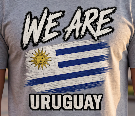A close-up of a heather gray t-shirt featuring a distressed graphic of the Uruguay flag with the text 'WE ARE URUGUAY' in a bold, white, brush-stroke font with black outlines.