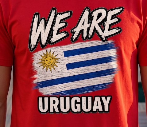 A close-up of a red short-sleeve t-shirt worn by a person, featuring a graphic print of the Uruguayan flag with the text 'WE ARE URUGUAY' in a bold white and black font.