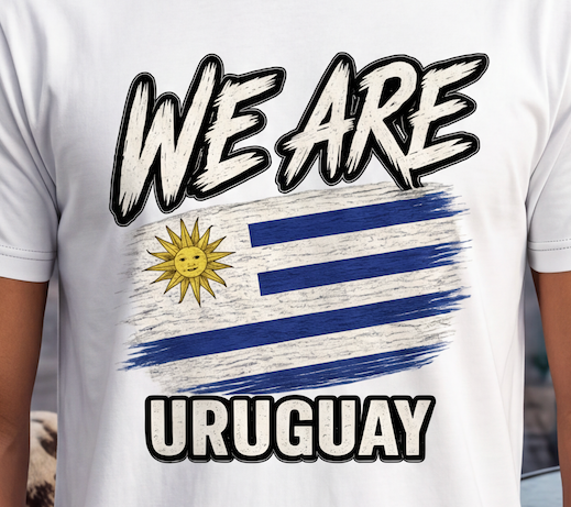 White short-sleeve t-shirt featuring a distressed graphic of the Uruguay flag with the text 'WE ARE URUGUAY' in bold black and white lettering.