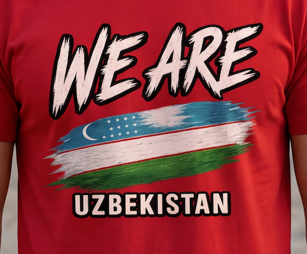 A close-up of a red t-shirt featuring a graphic print with the text 'WE ARE UZBEKISTAN' and a stylized flag of Uzbekistan.