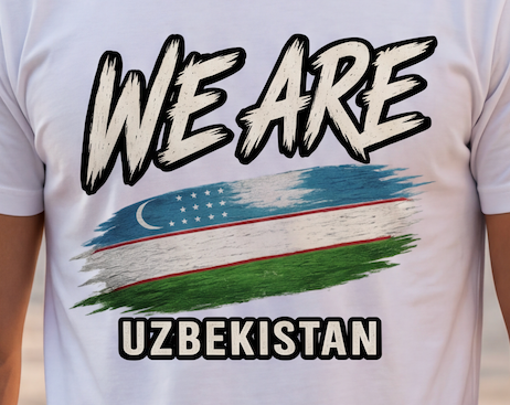 A close-up of a white short-sleeve t-shirt worn by a person, featuring a graphic print with the text 'WE ARE' and 'UZBEKISTAN' surrounding a stylized flag of Uzbekistan.