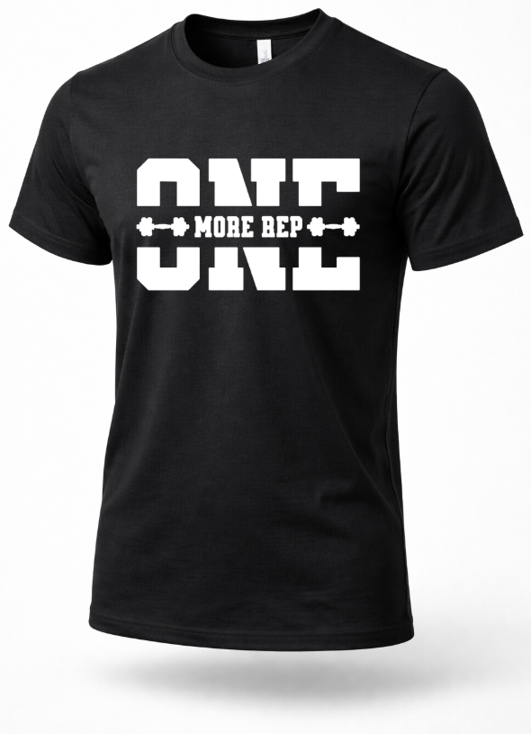 Black “One More Rep” gym t-shirt with white print, motivational fitness and weightlifting shirt
