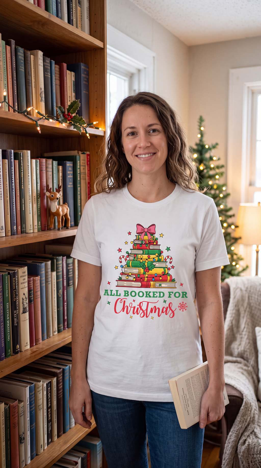 Woman wearing a white All Booked for Christmas book lover shirt beside bookshelves in a festive holiday setting.