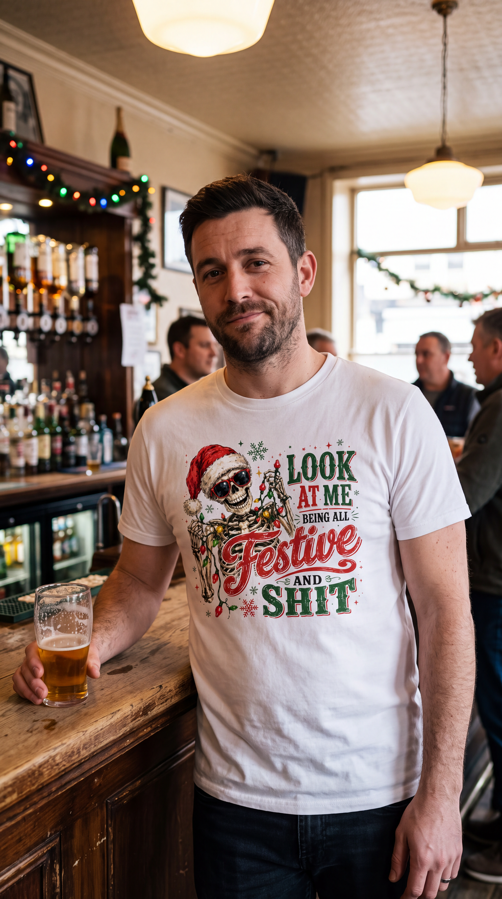 White lifestyle: Woman wearing white funny skeleton Christmas shirt with festive Santa hat and Christmas lights design.