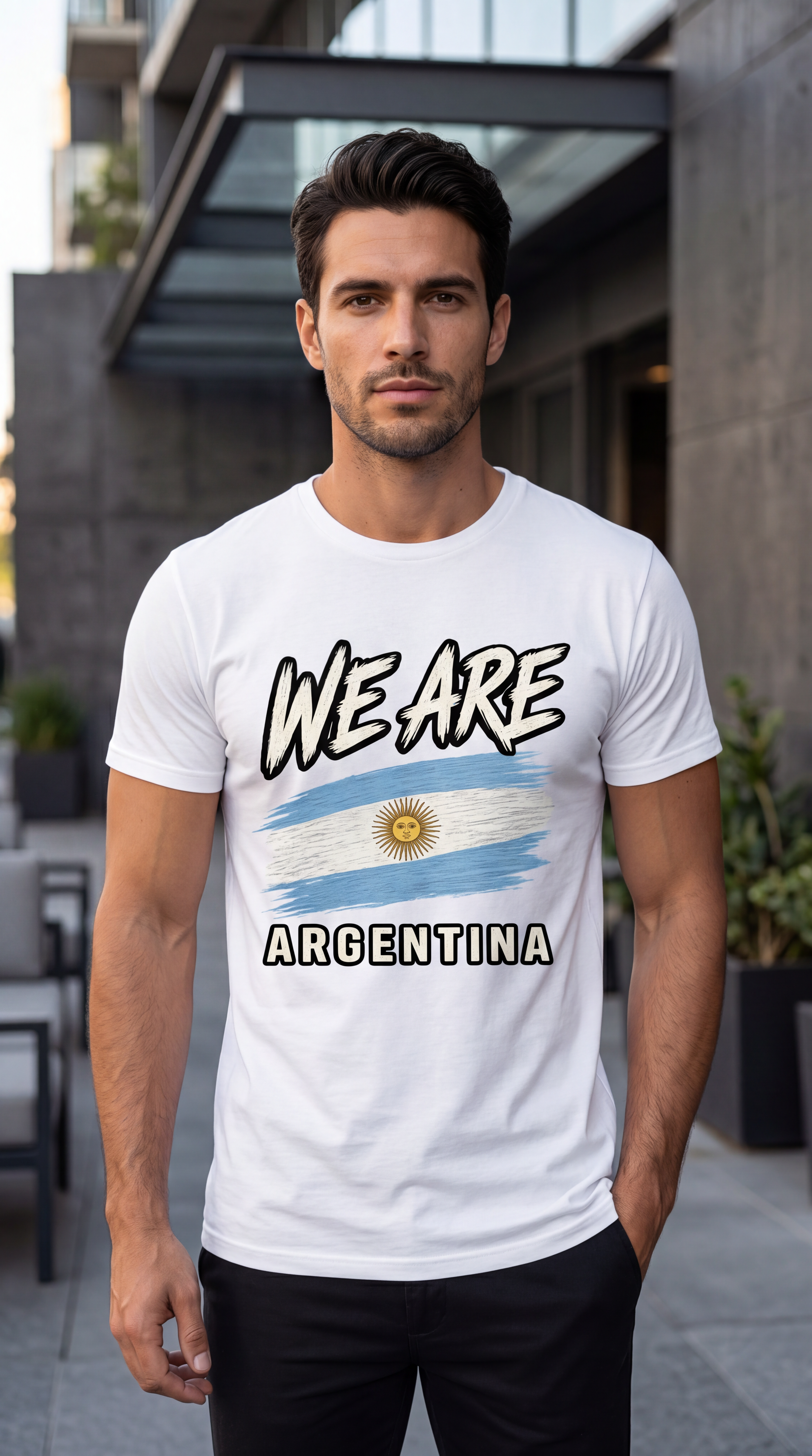 A man wearing a white graphic t-shirt with 'WE ARE ARGENTINA' and the Argentine flag design, standing outdoors in front of a modern building.