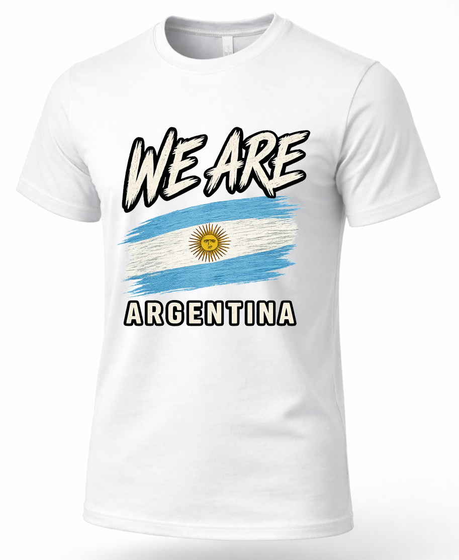 A white short-sleeve crewneck t-shirt featuring a graphic print of the text 'WE ARE ARGENTINA' surrounding an Argentina flag design.