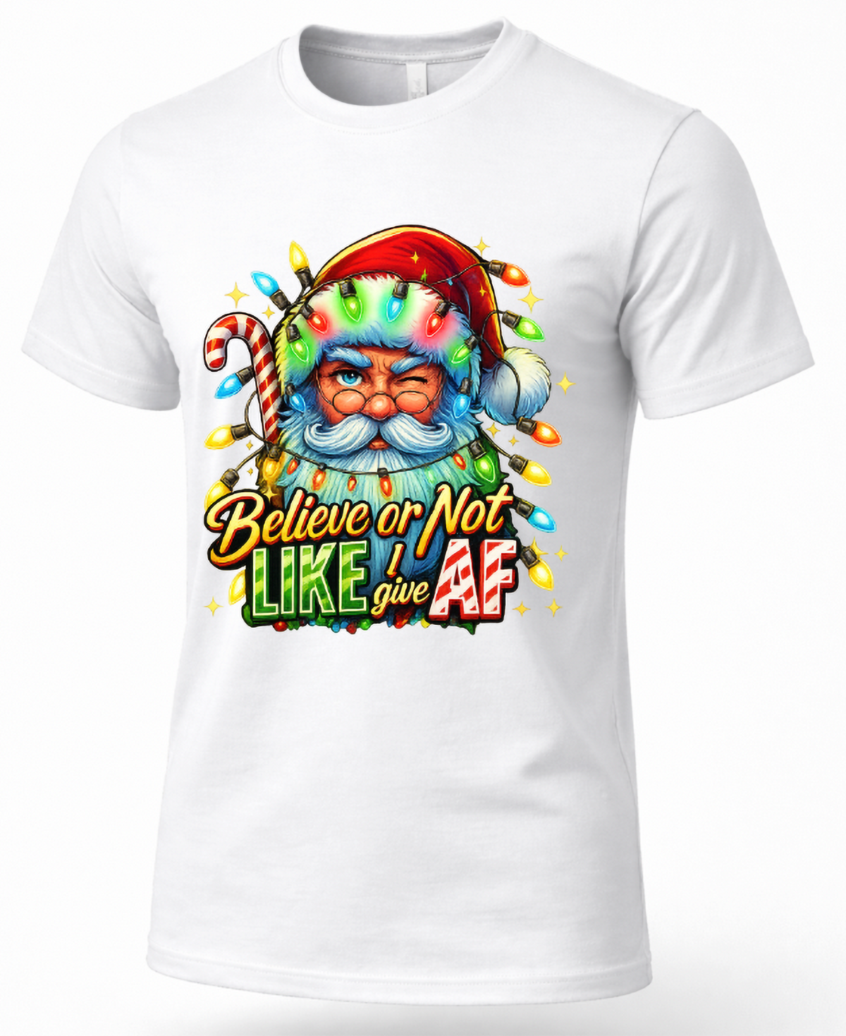 White Mockup: White Bella Canvas unisex Christmas shirt featuring a winking Santa Claus, colorful Christmas lights, and funny holiday saying.