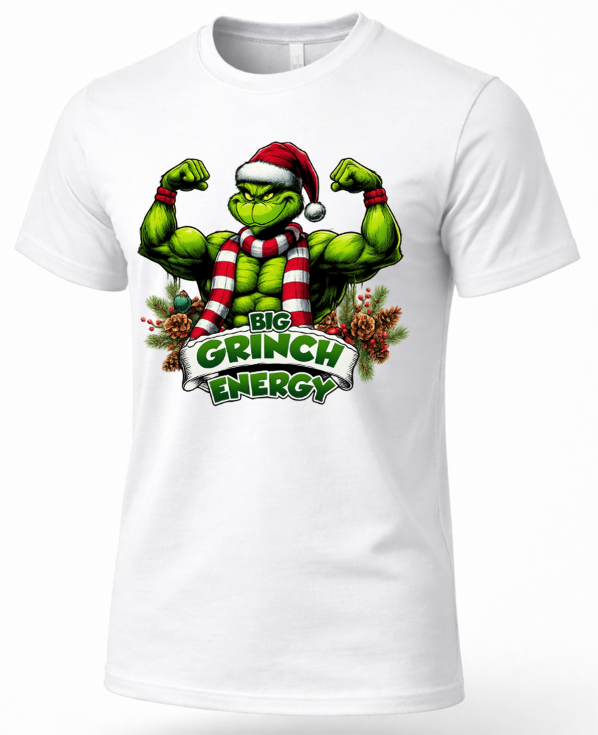 White Big Grinch Energy Christmas t-shirt with muscular green Grinch flexing, Santa hat, striped scarf, and festive holiday artwork.