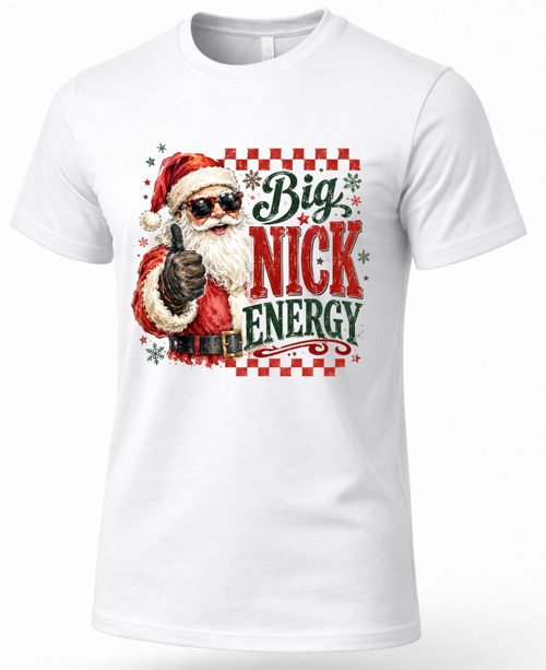 White Big Nick Energy Christmas shirt with sunglasses Santa design