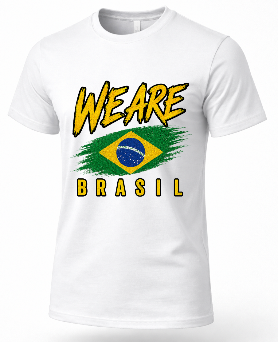 A white short-sleeve crewneck t-shirt featuring a graphic print on the front with the text 'WE ARE BRASIL' in yellow and a stylized Brazilian flag design in green, yellow, and blue.