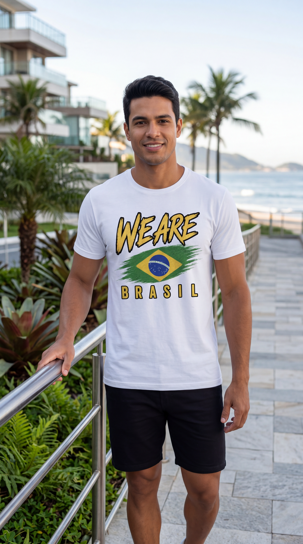 A man wearing a white graphic t-shirt with 'WE ARE BRASIL' and a Brazilian flag design, standing on a seaside walkway.