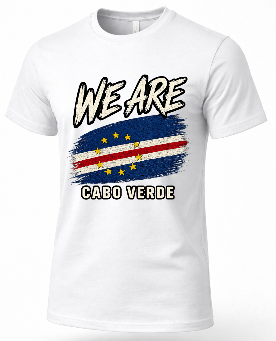 A white short-sleeve crewneck t-shirt featuring a graphic print of the Cabo Verde flag with the text 'WE ARE' above and 'Cabo Verde' below.