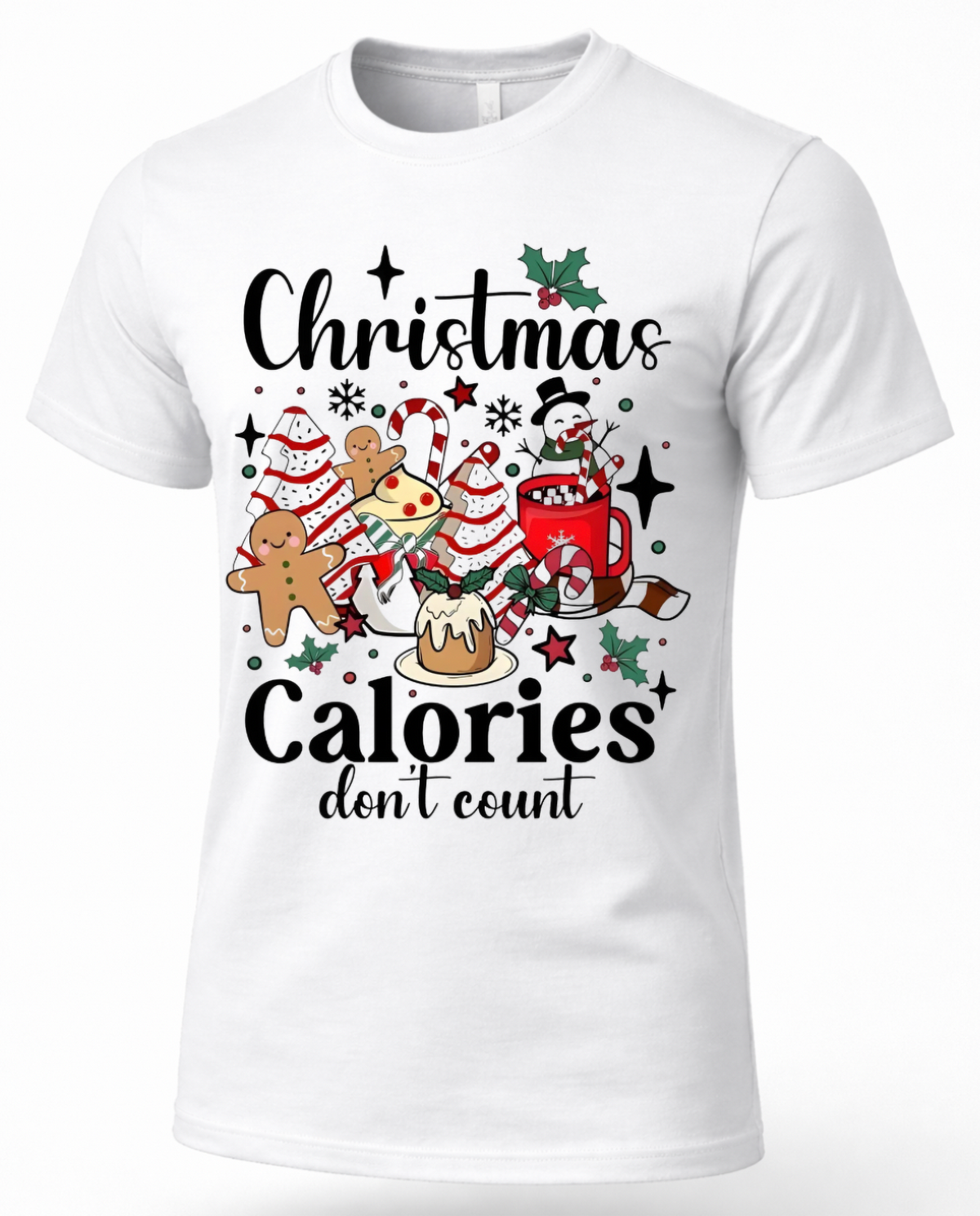 White Christmas Calories Don’t Count graphic tee featuring colorful Christmas cookies, cocoa and holiday sweets.