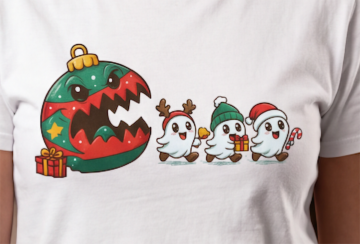Close-up of white Christmas ghost graphic tee featuring holiday ghosts and giant ornament design.
