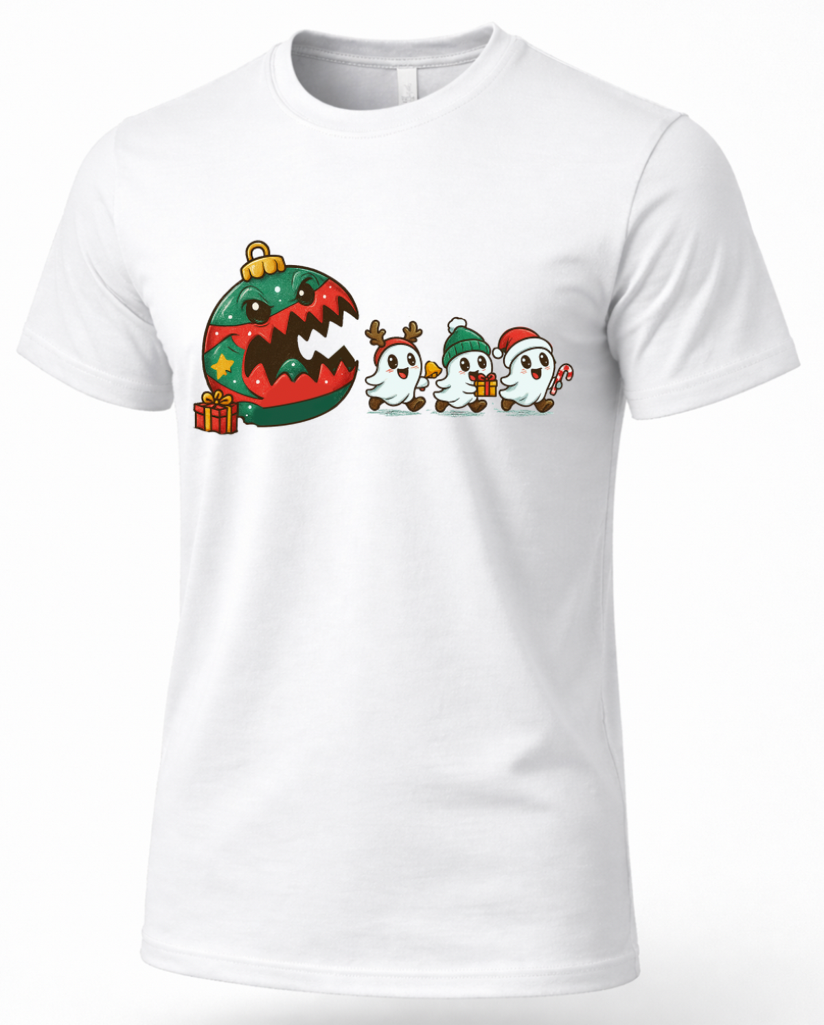 White Christmas ghost shirt featuring three cute festive ghosts and colorful Christmas ornament artwork.