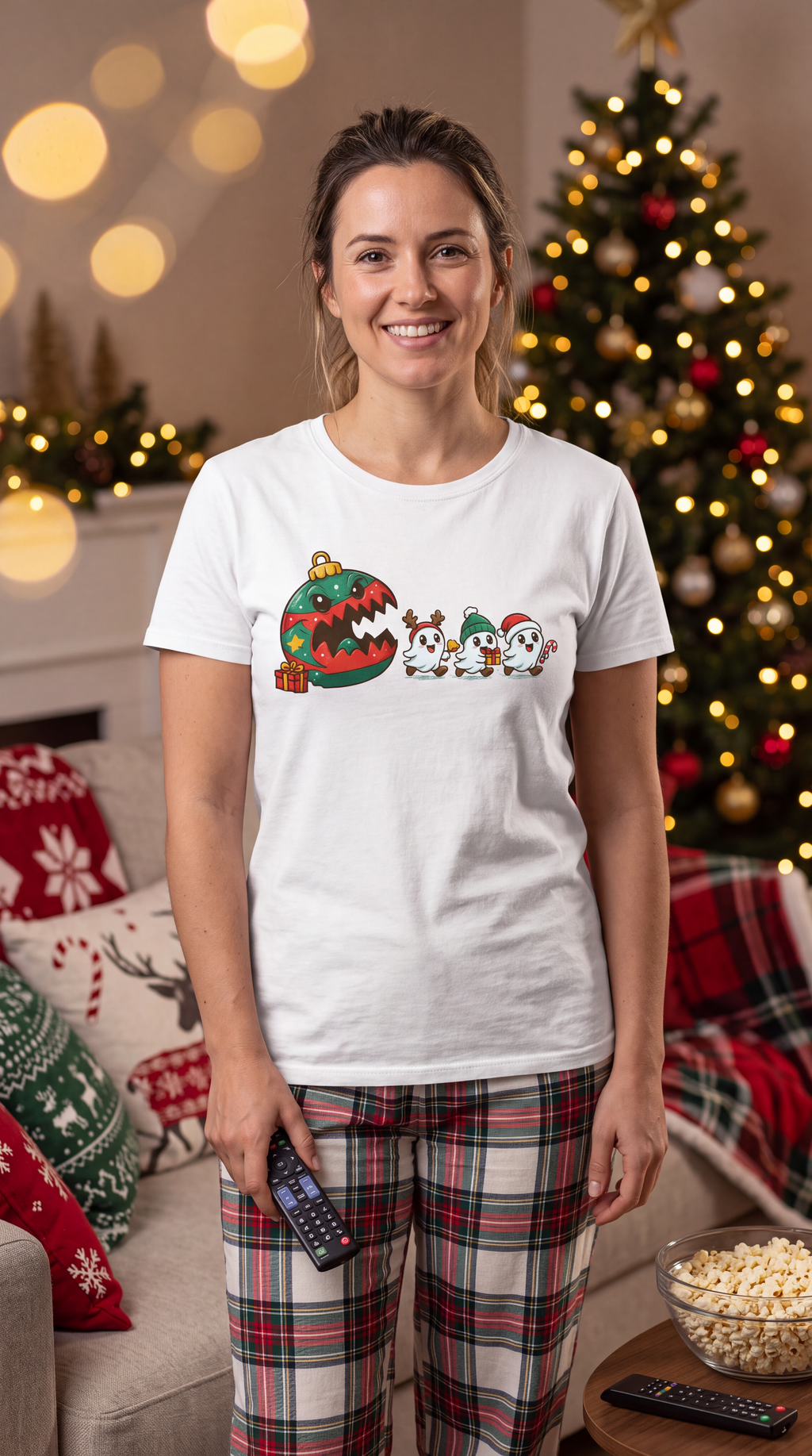 Woman wearing white cute Christmas ghost graphic tee with festive holiday ghost and ornament design.