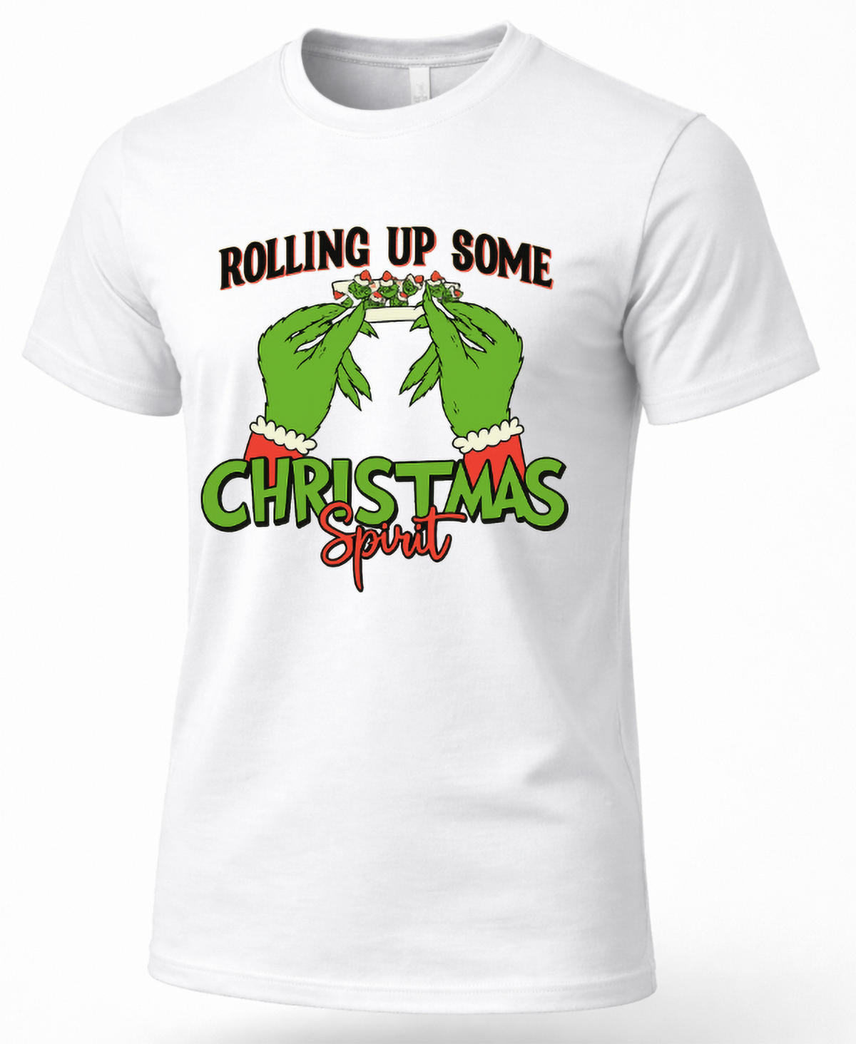 White unisex Christmas graphic t-shirt featuring green hands rolling a joint and festive Rolling Up Some Christmas Spirit design.