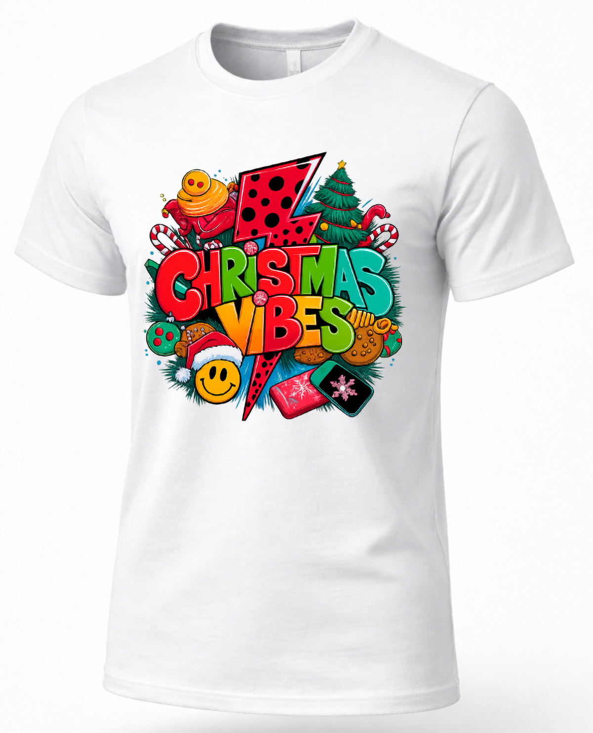 White Mockup: White unisex Christmas Vibes graphic t-shirt with bold multicolored retro holiday lettering, Christmas decorations, and festive artwork.