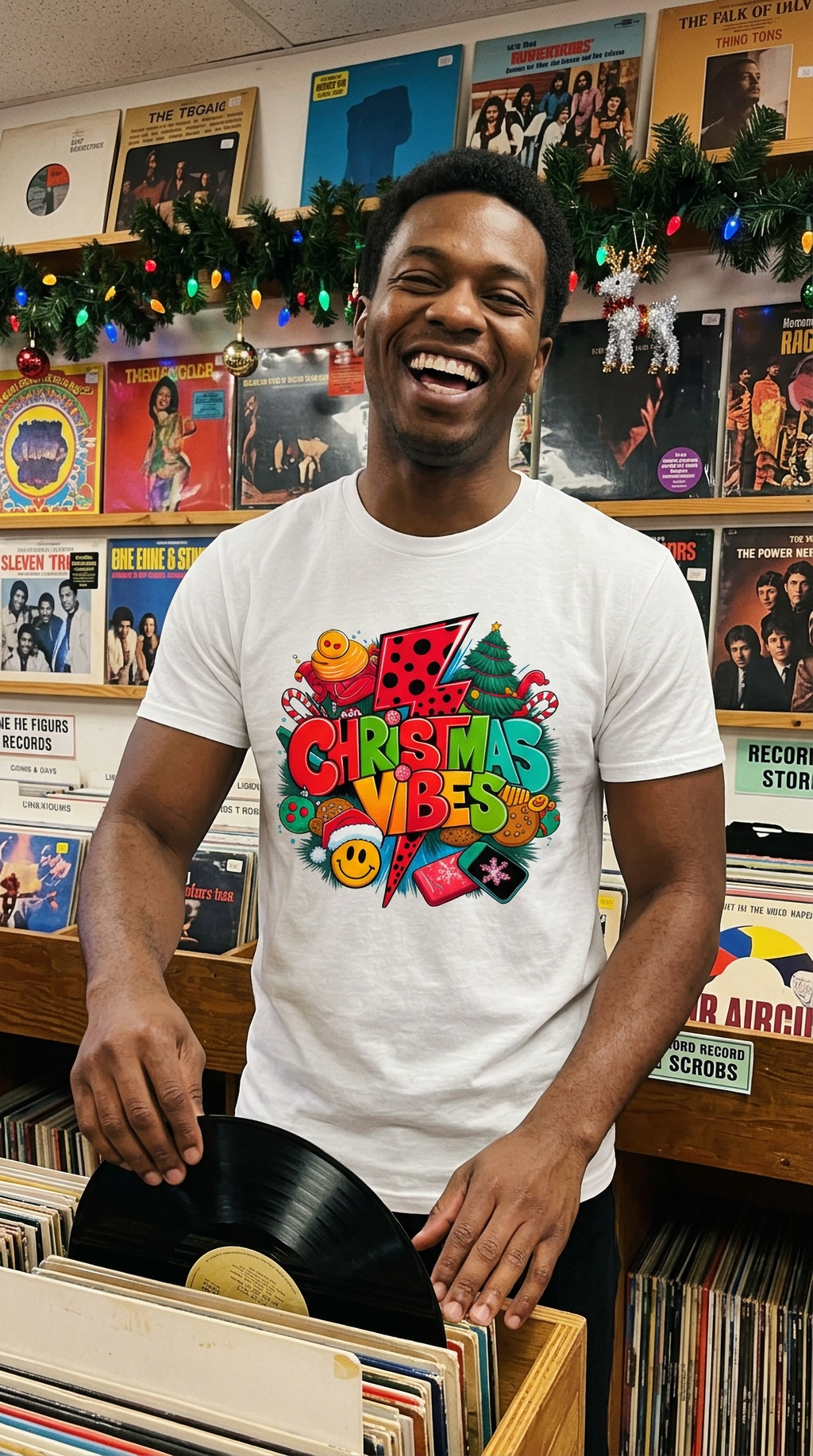 Lifestyle – Black: Man wearing a white Christmas Vibes graphic tee at a festive holiday gathering, showing the colorful Christmas design.