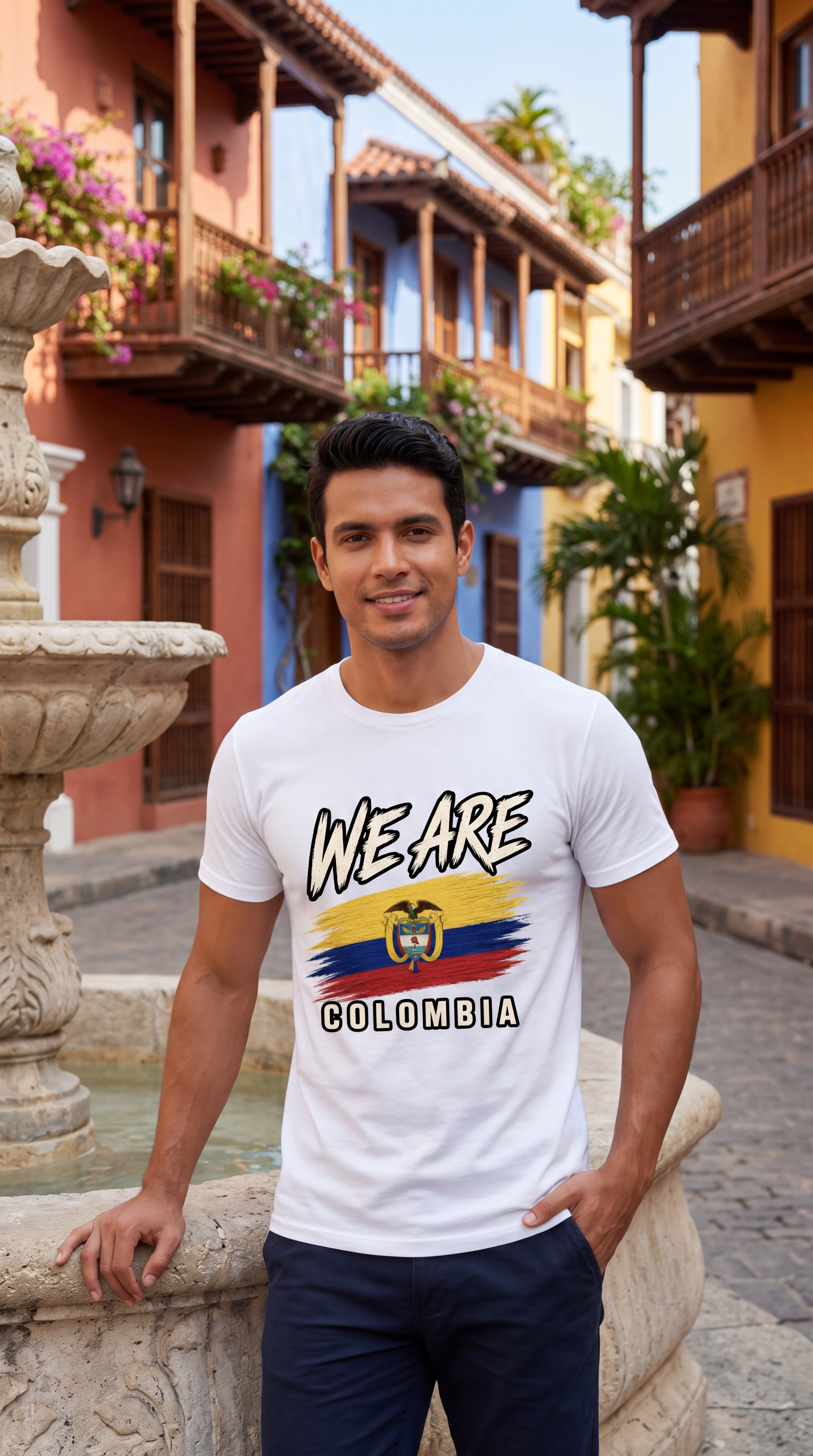 A man wearing a white graphic t-shirt with 'WE ARE COLOMBIA' and the Colombian flag design, standing in front of a stone fountain in a colonial street.