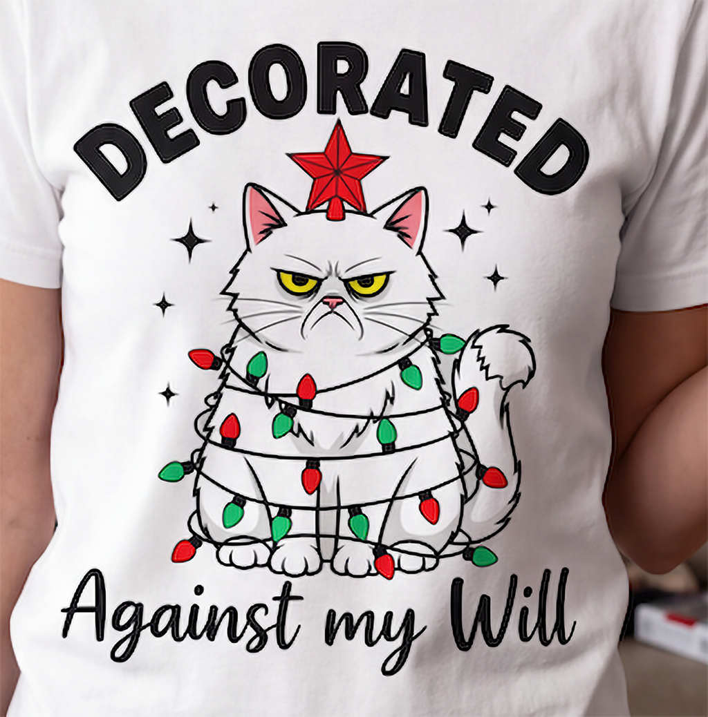 Close-up of Decorated Against My Will grumpy cat Christmas design printed on white shirt.