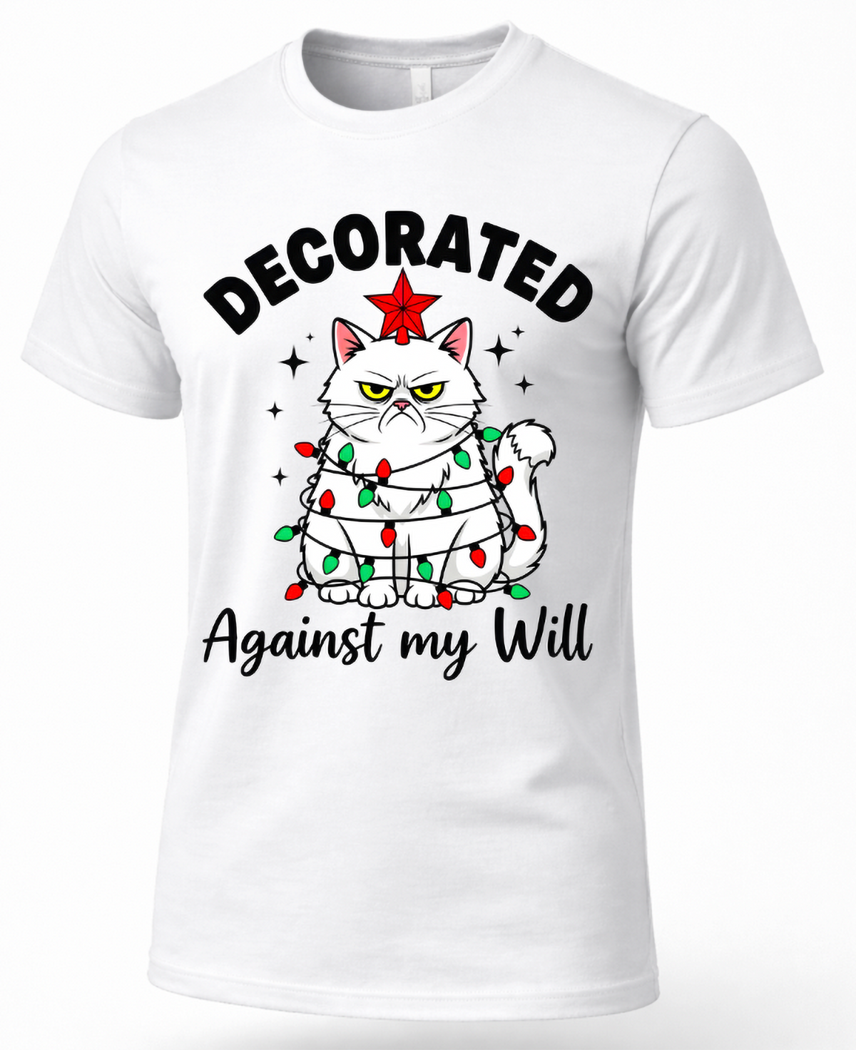 White cat Christmas shirt featuring grumpy cat wrapped in colorful Christmas lights and Decorated Against My Will text.