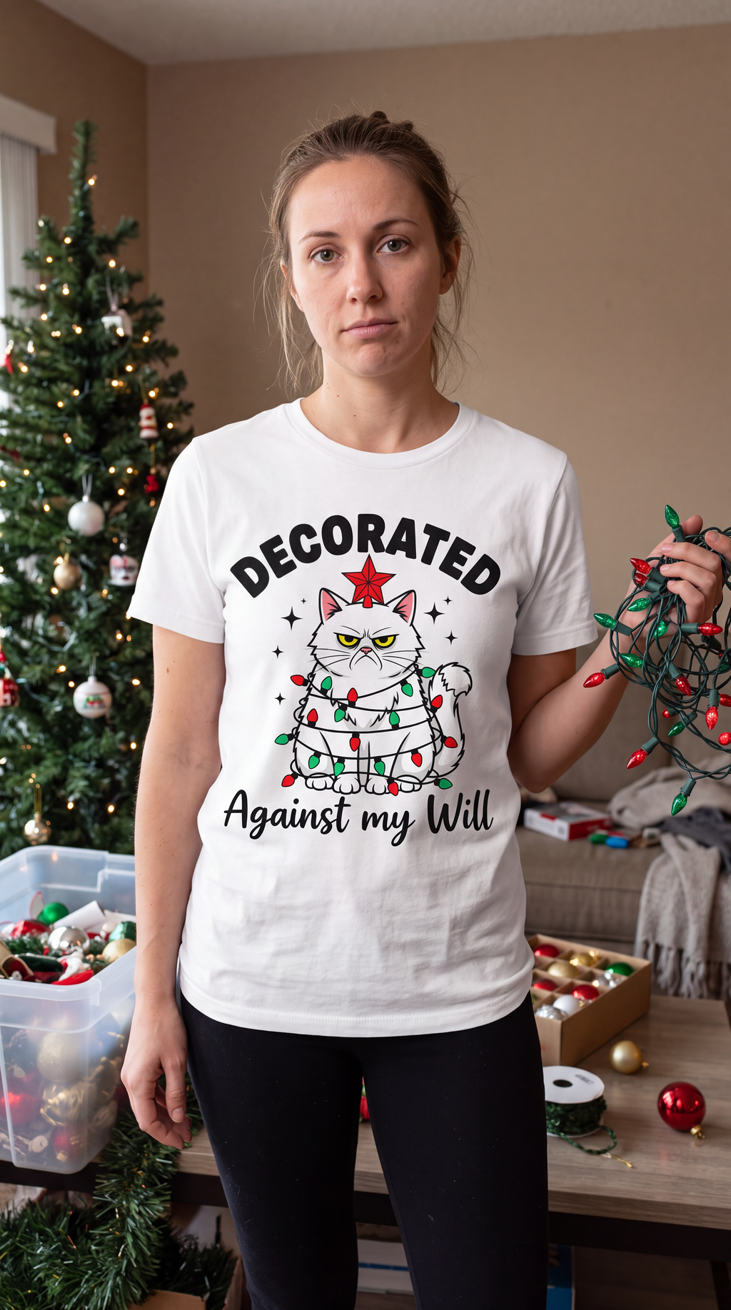 Woman wearing white Decorated Against My Will Christmas shirt with festive grumpy cat design.