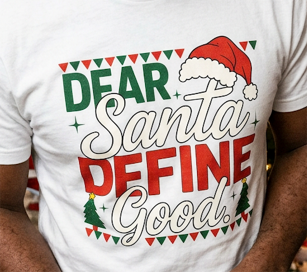 White Close-Up: Detailed view of the Dear Santa Define Good holiday graphic printed on a white Christmas t-shirt.