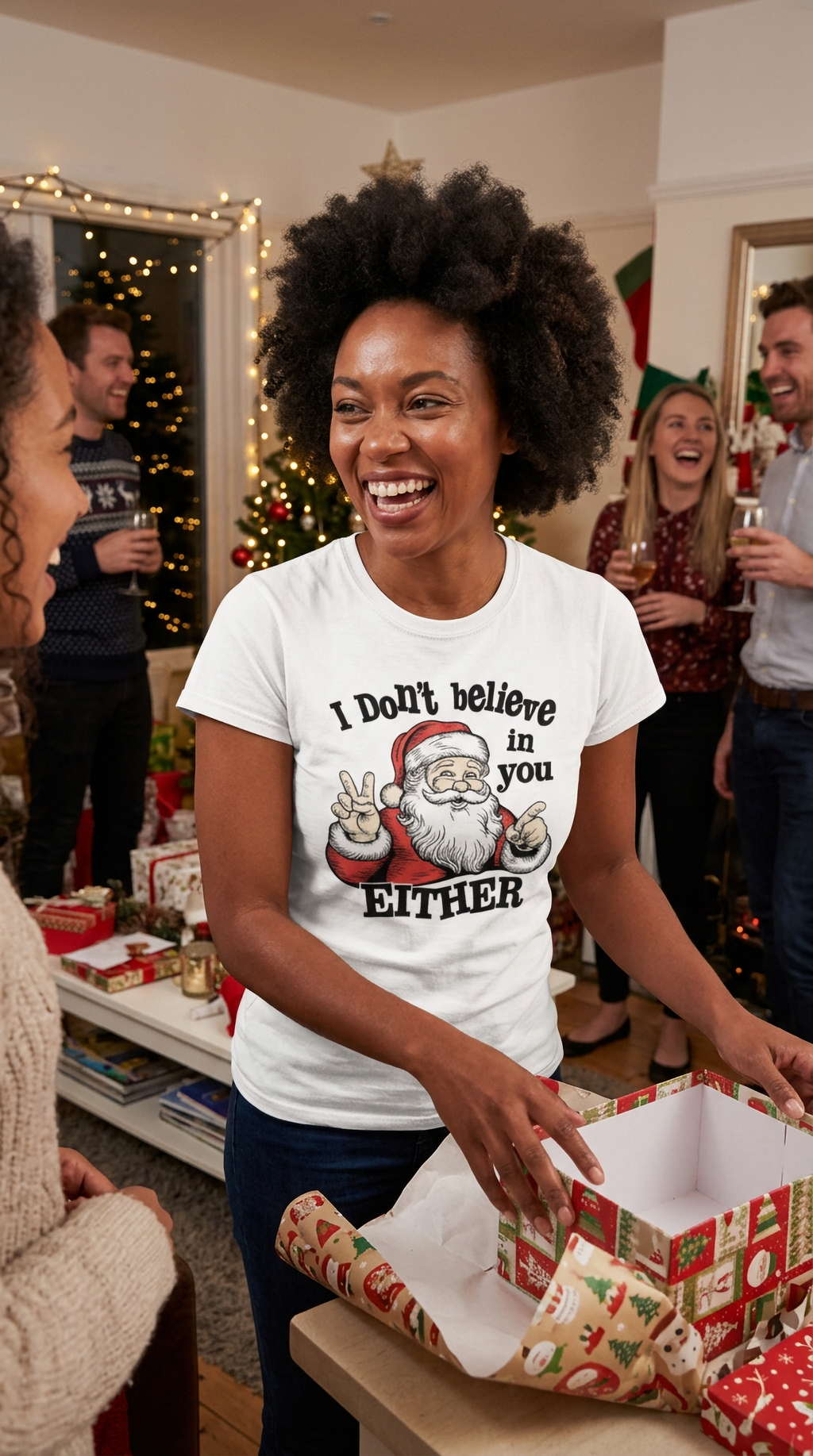 Woman wearing a white sarcastic Santa Christmas t-shirt while wrapping presents at a festive holiday gathering.