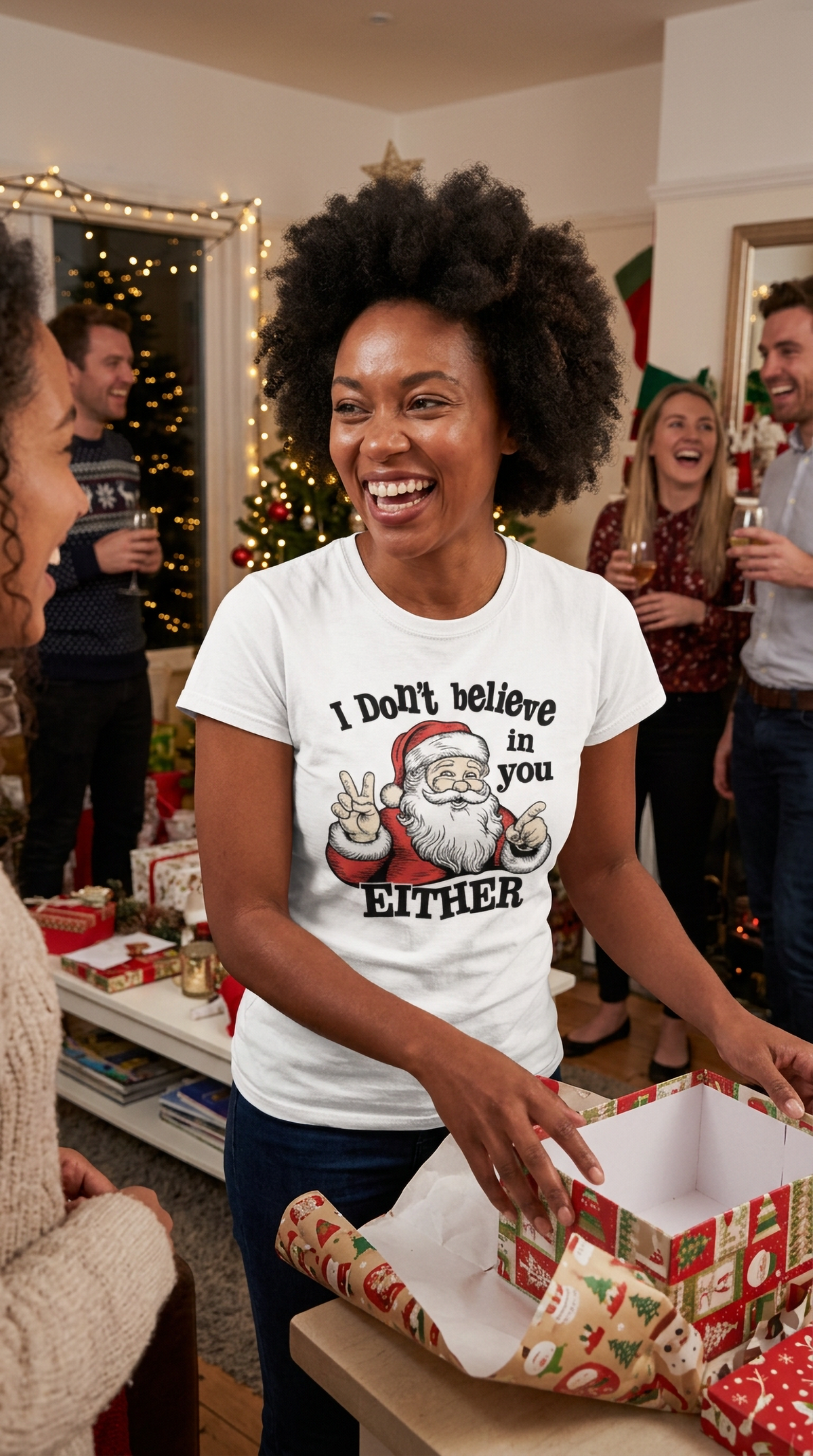 Woman wearing a white sarcastic Santa Christmas t-shirt while wrapping presents at a festive holiday gathering.