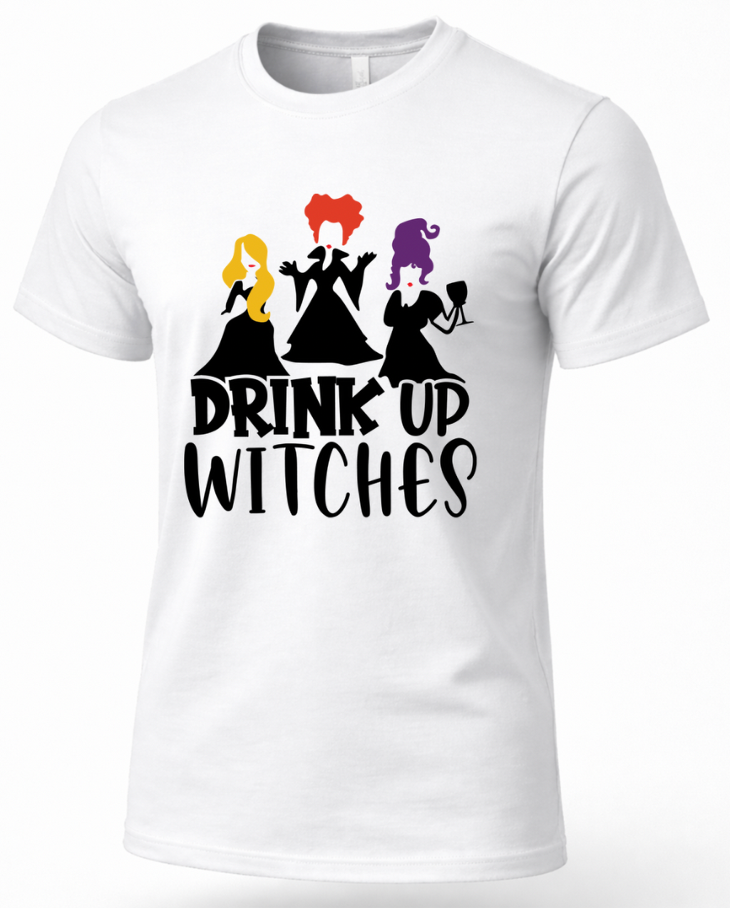 White Drink Up Witches Hocus Pocus shirt with Sanderson Sisters-inspired graphic