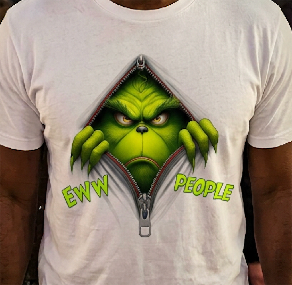 White Close-Up: Close-up of the vibrant green Grinch-inspired Eww People design printed on a white Christmas shirt.