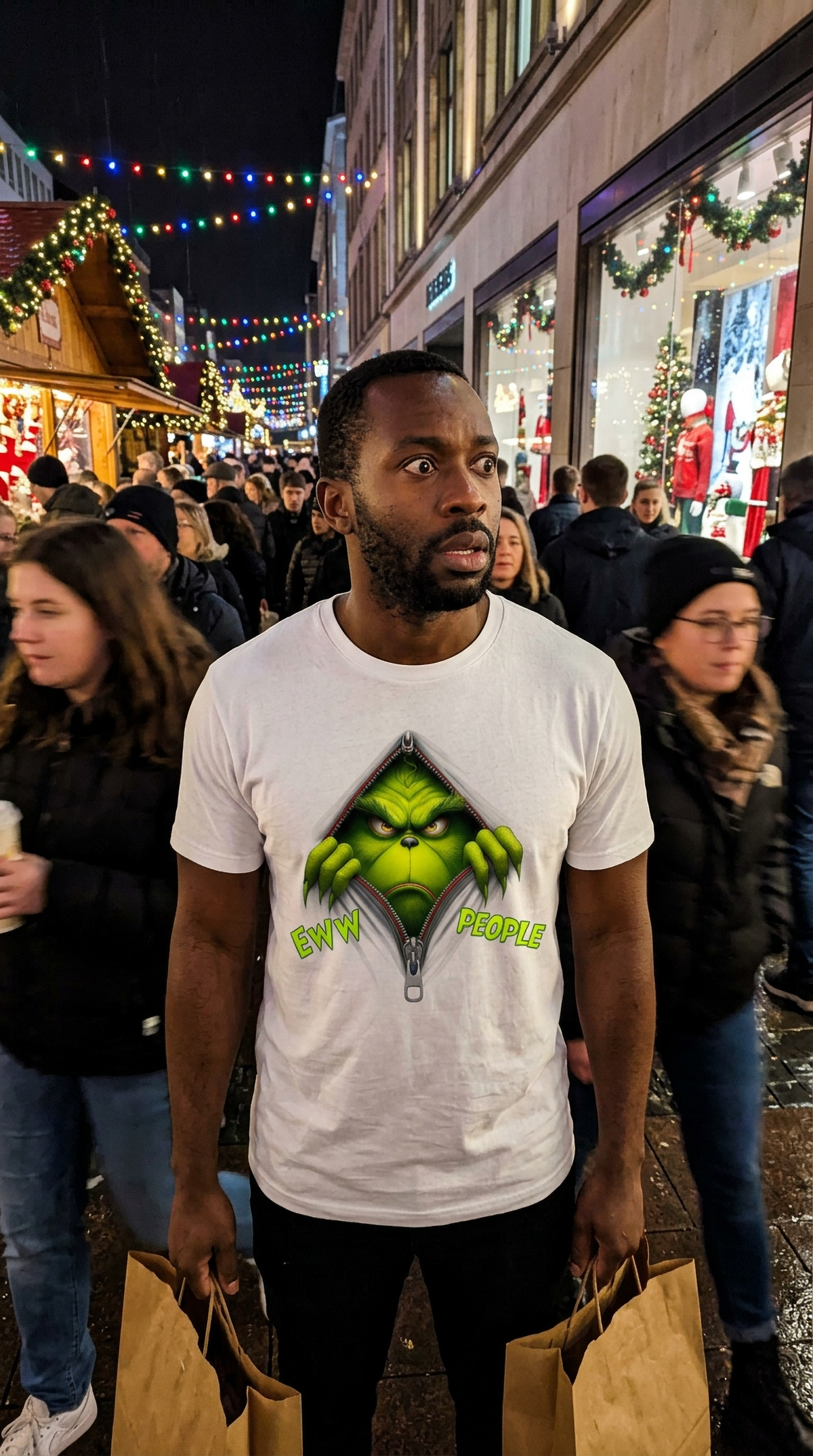 White Lifestyle: Person wearing a white Eww People Grinch Christmas graphic tee at a casual holiday gathering.