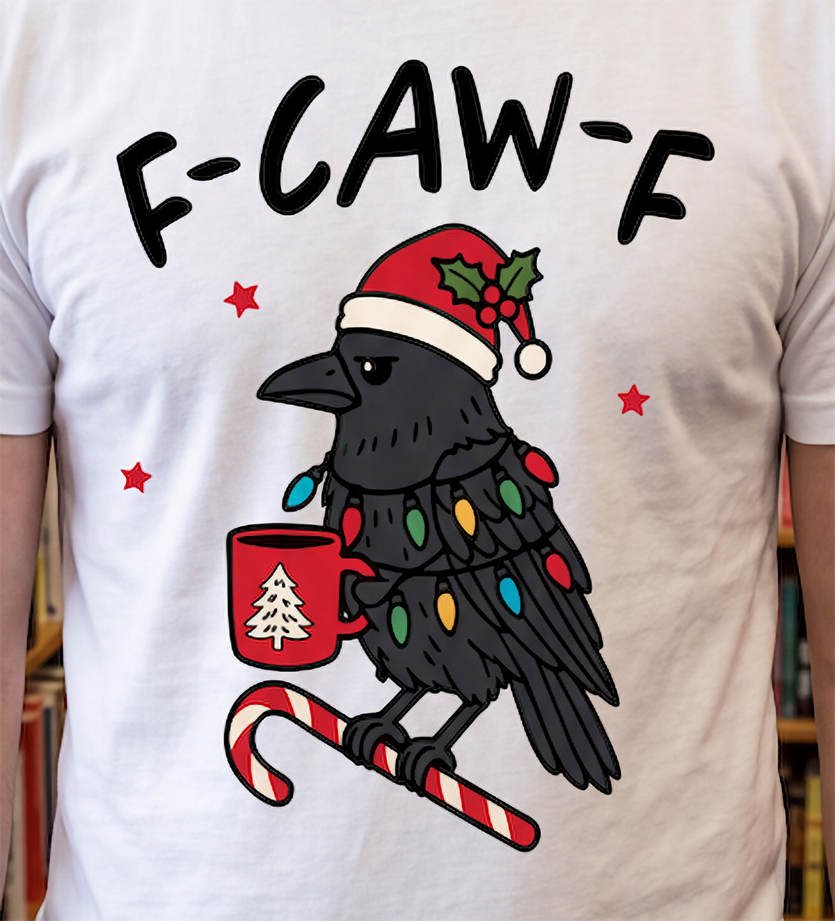 Close-up of F-Caw-F festive crow Christmas graphic on white shirt