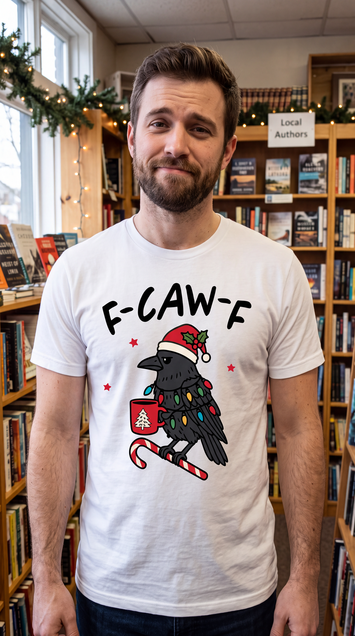 Model wearing white F-Caw-F Christmas shirt with festive crow holiday graphic