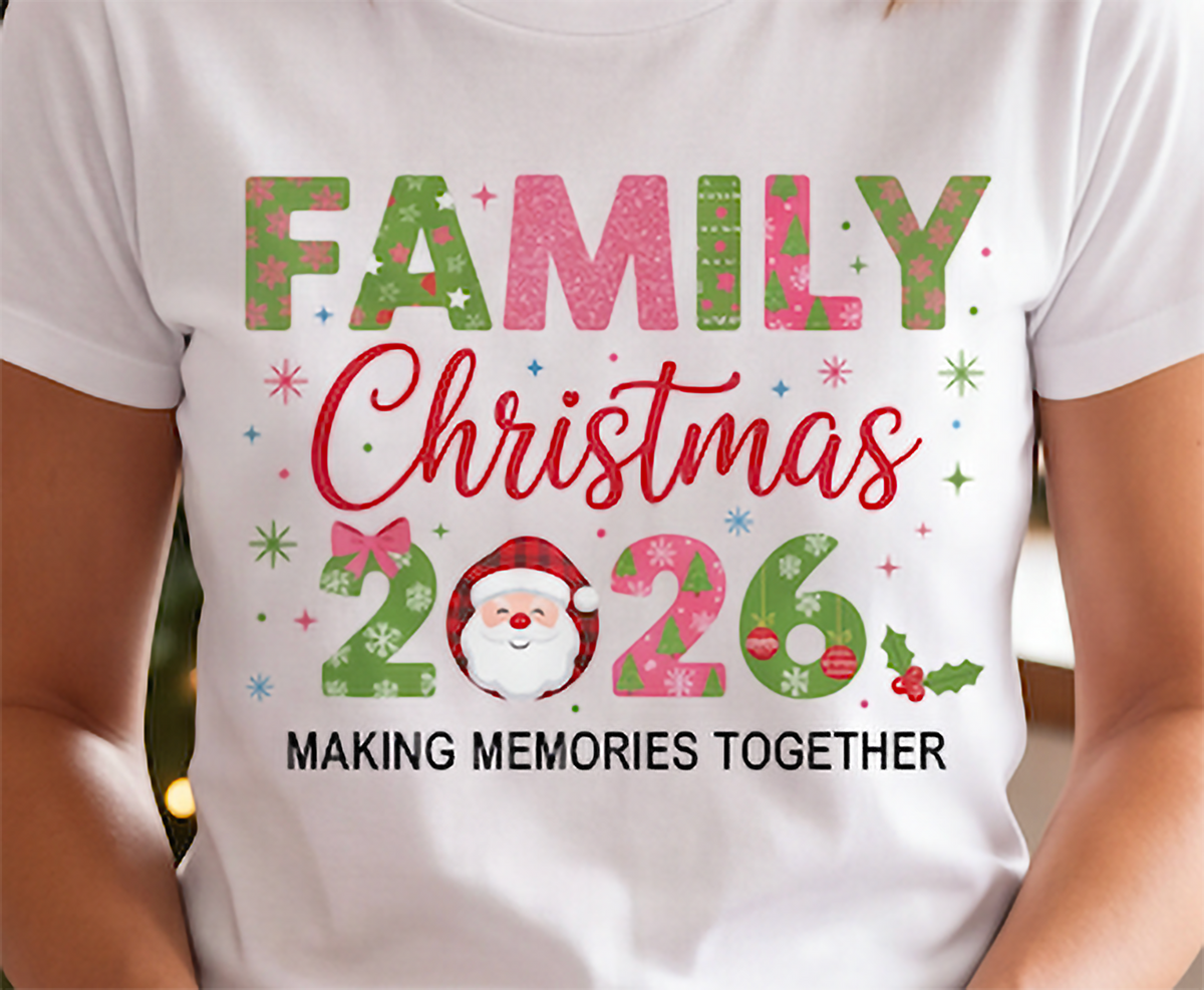 Close-up of white Family Christmas 2026 shirt design with Santa and making memories together text