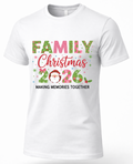 White Family Christmas 2026 graphic T-shirt featuring festive pink and green holiday lettering.