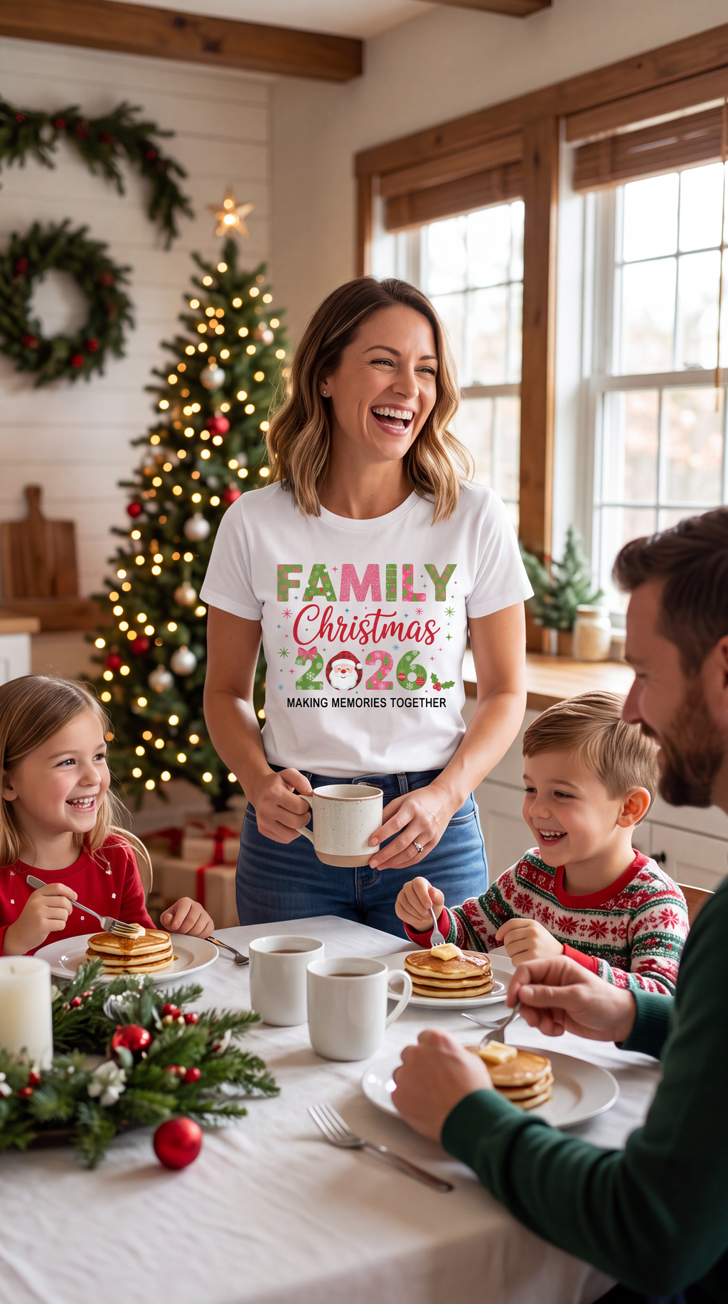 Woman wearing Family Christmas 2026 making memories together graphic tee during a family Christmas gathering.