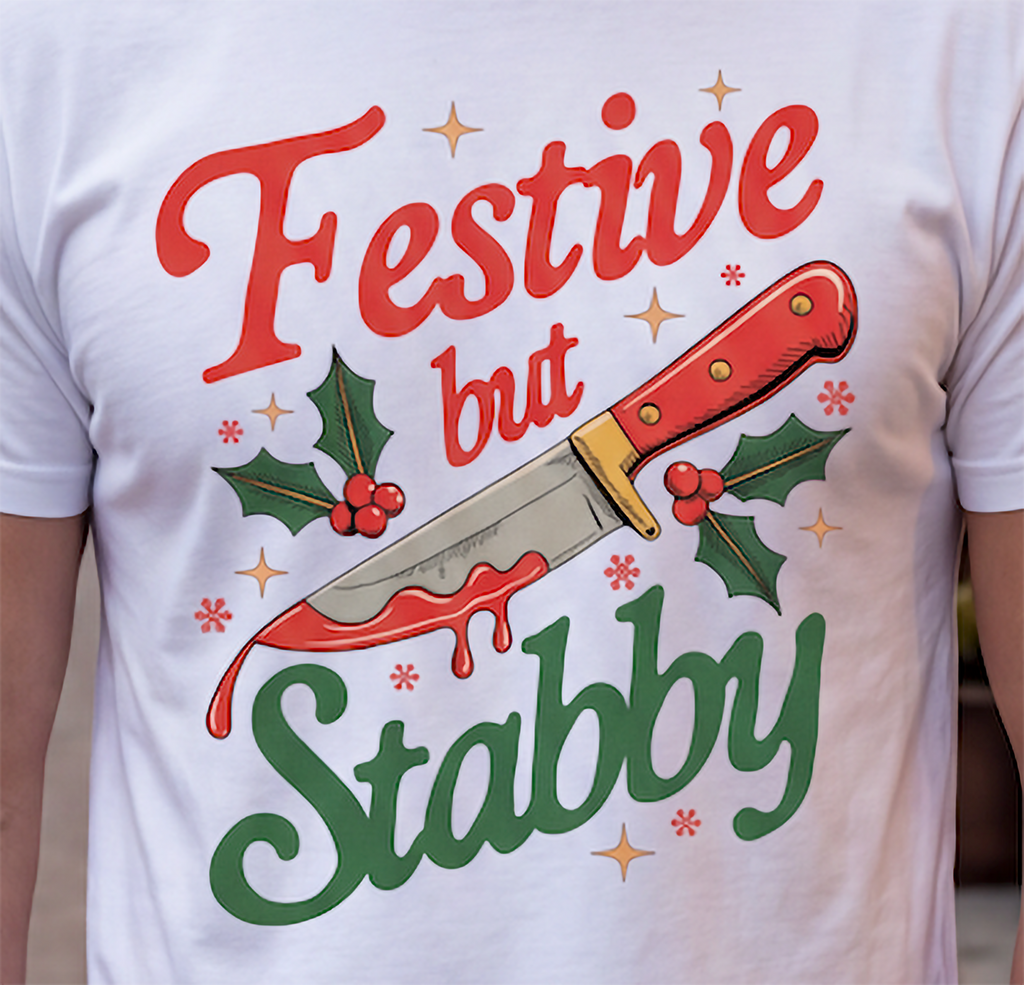 Close-up of Festive But Stabby graphic printed on white Christmas shirt